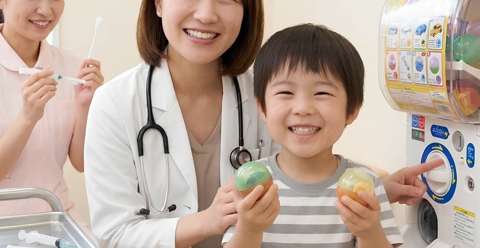 木製メダルを受け取って笑顔の子どもと保護者