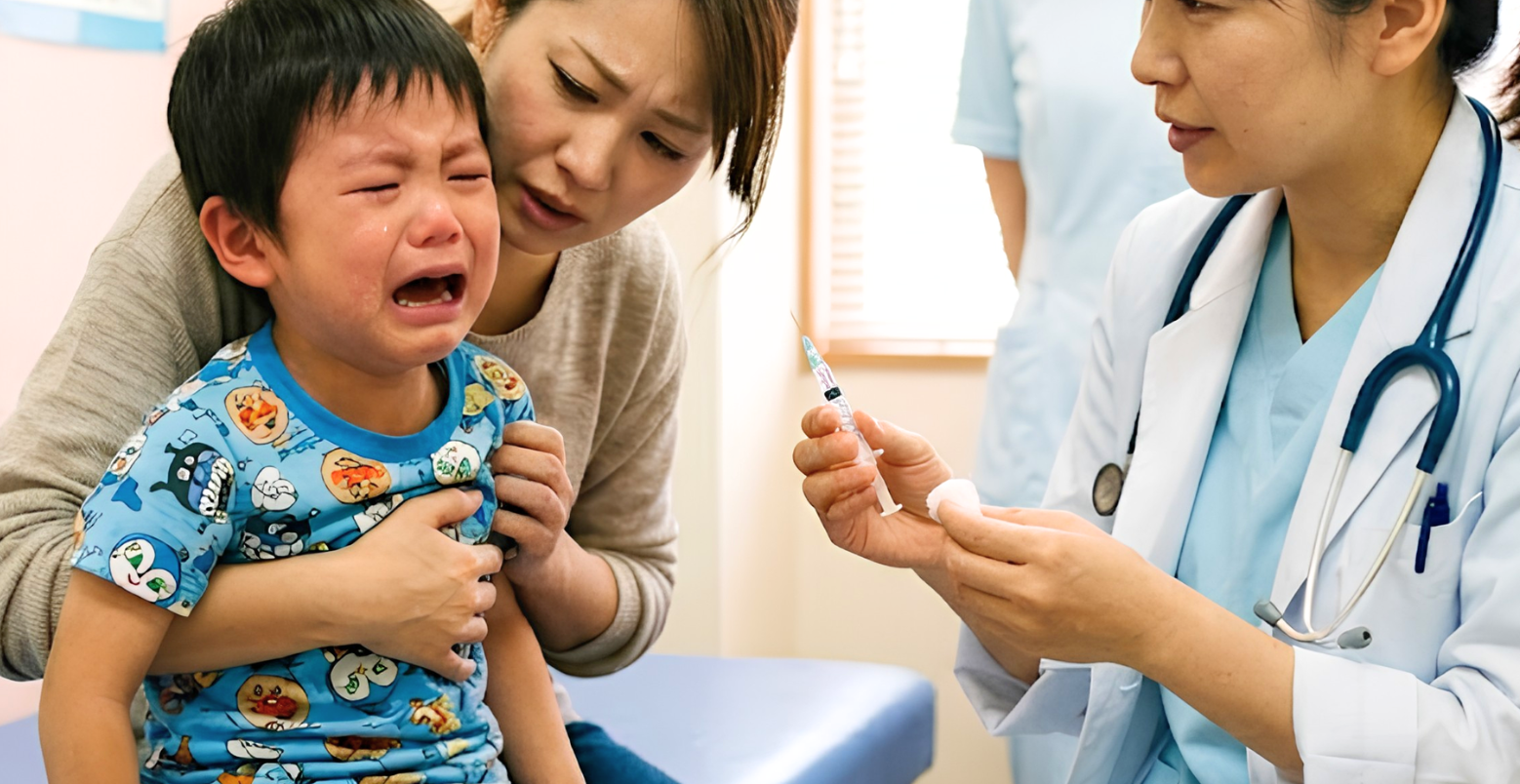 木製メダルを受け取って笑顔の子どもと保護者